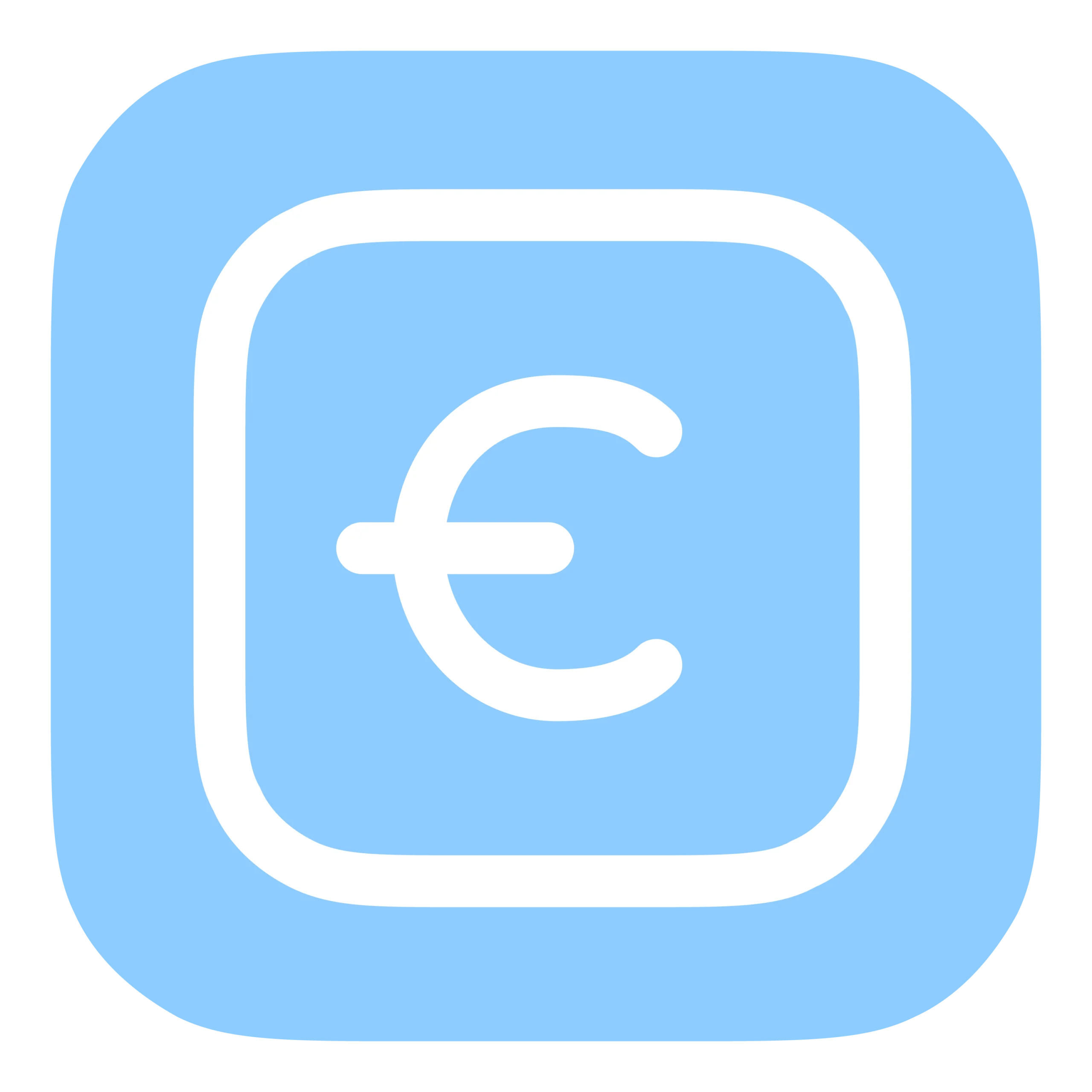 Weißes Euro-Symbol in einem Quadrat auf hellblauem Hintergrund, Symbol für Finanzen und Vermögensaufbau.